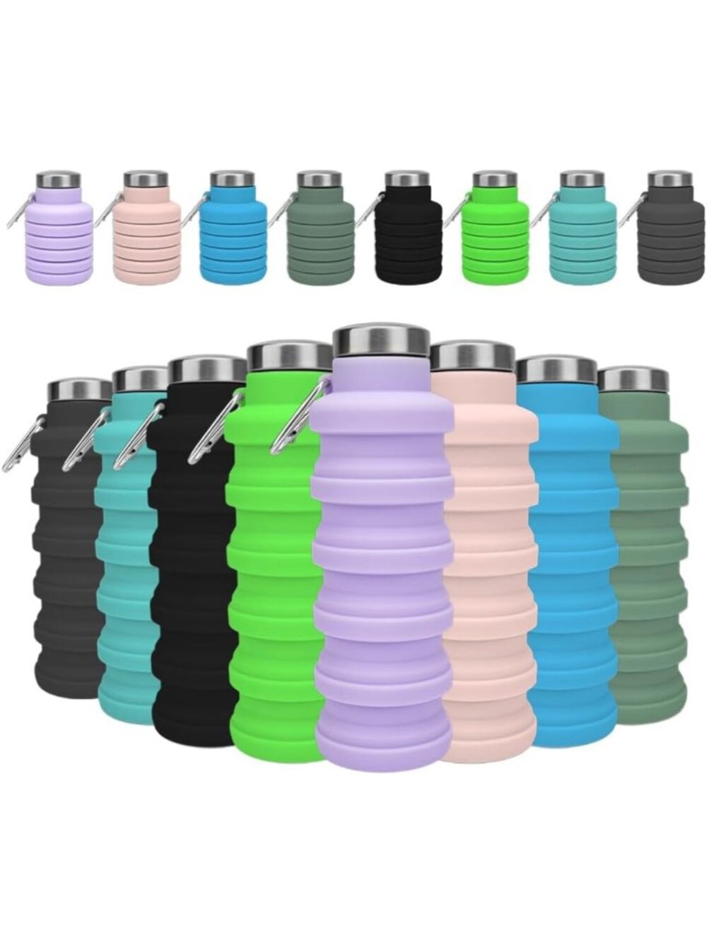 8 Pcs Reusable Silicone Collapsible Water Bottles, 17 oz Portable Sports Bottles